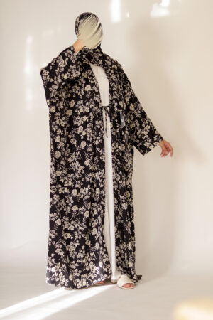 Black & Beige Silk Floral Abaya