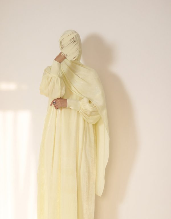 Butter Yellow Crinkle Shimmer Abaya - Image 6