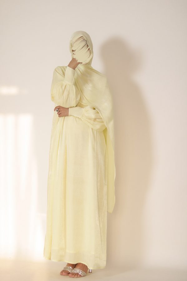 Butter Yellow Crinkle Shimmer Abaya - Image 7