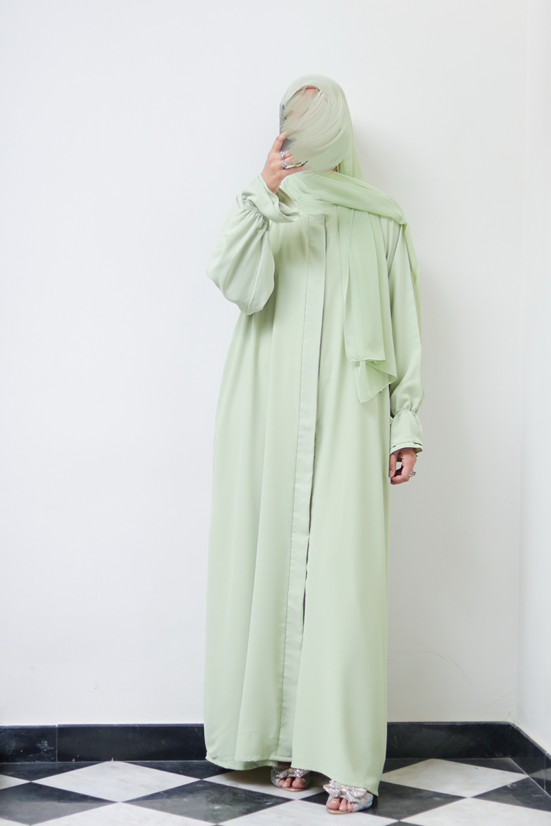 Pistachio Gelato Petal Buttoned Abaya 1 Pistachio Gelato Petal Buttoned Abaya
