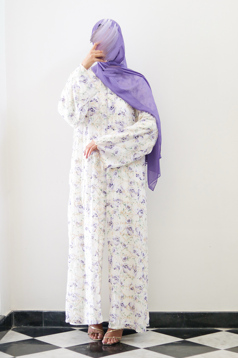 Lavender Floral Embroidered Kimono Abaya 3 Lavender Floral Embroidered Kimono Abaya - Image 3