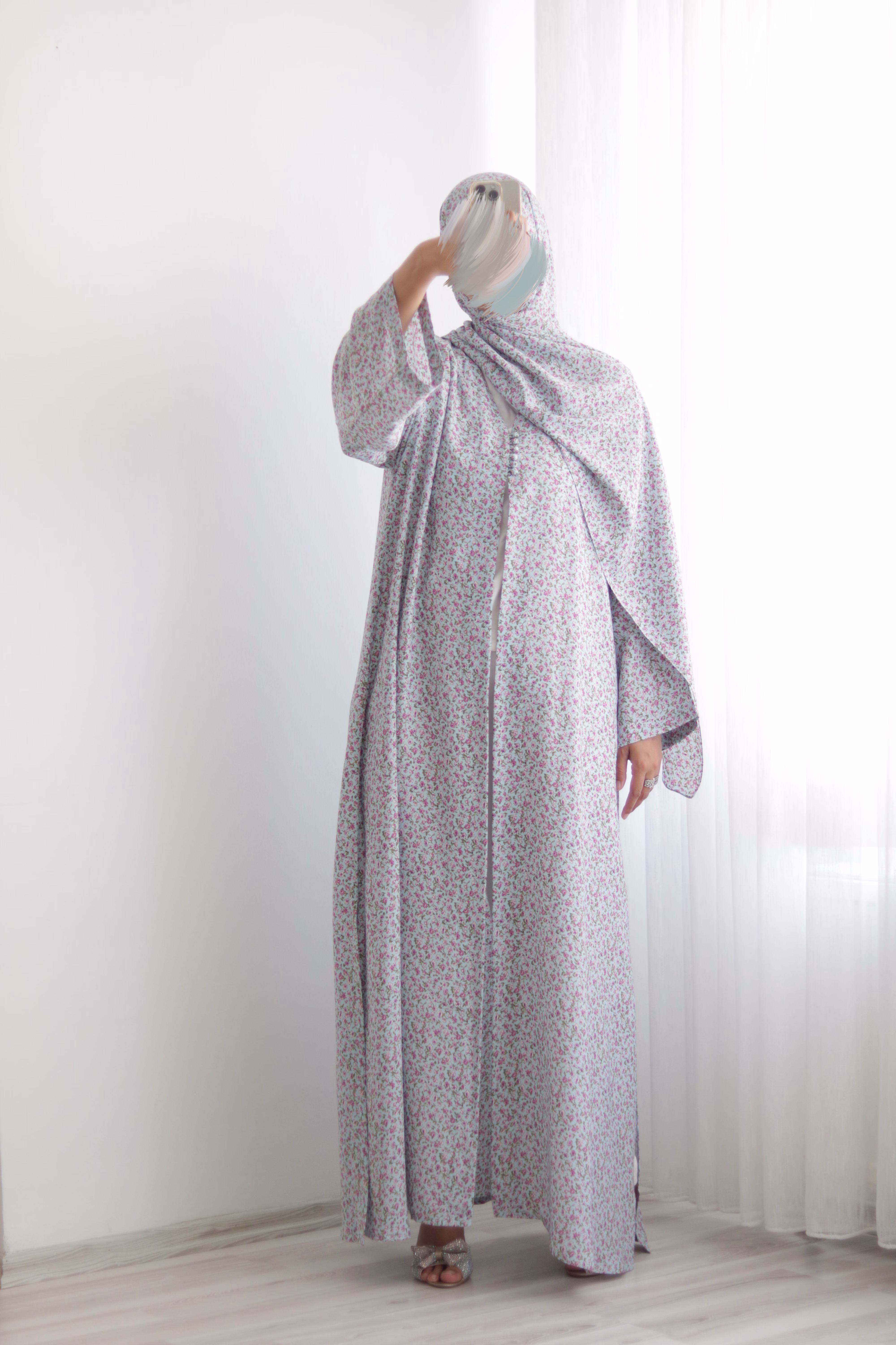 Turquoise Floral Kimono Abaya - Image 10