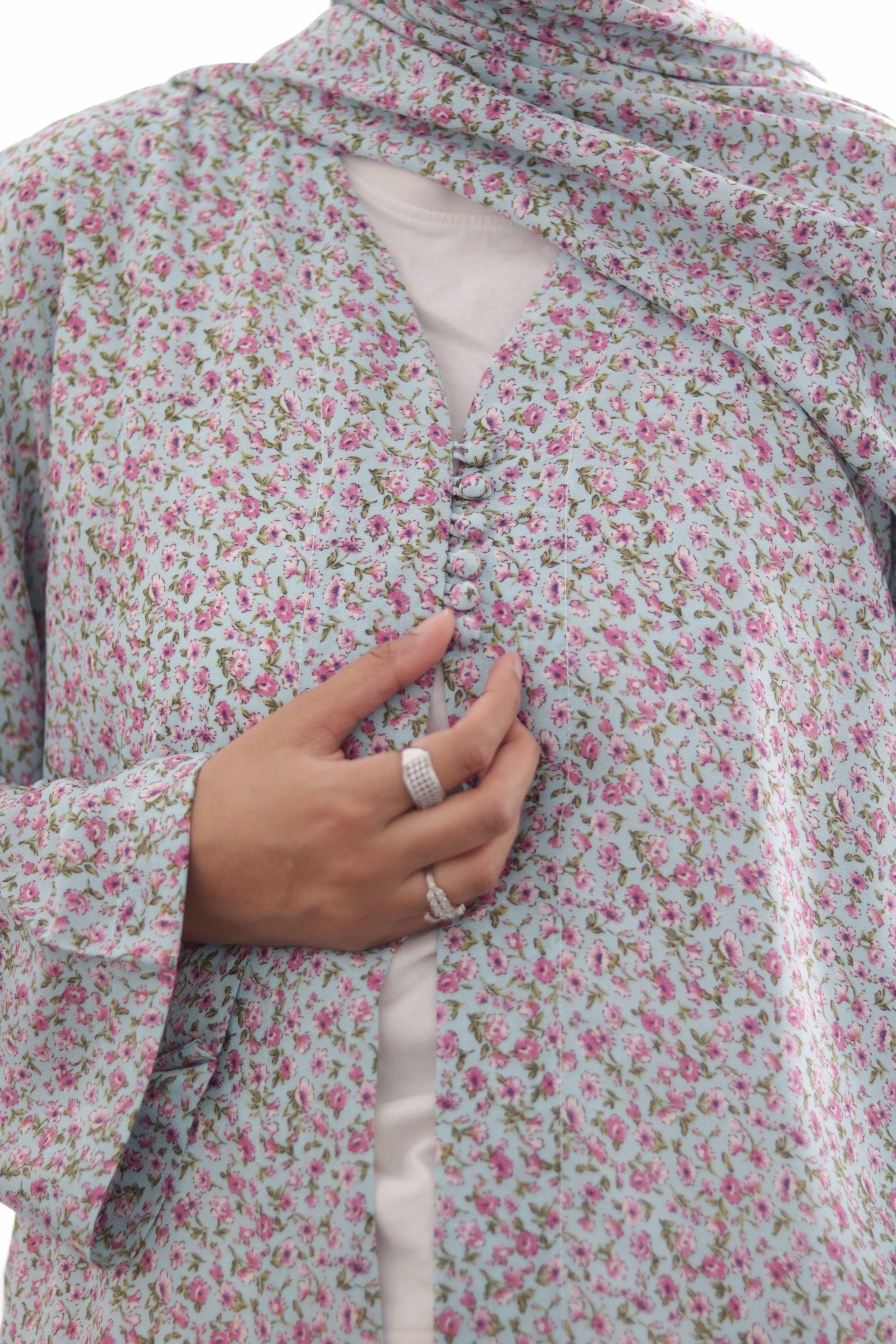 Turquoise Floral Kimono Abaya - Image 7
