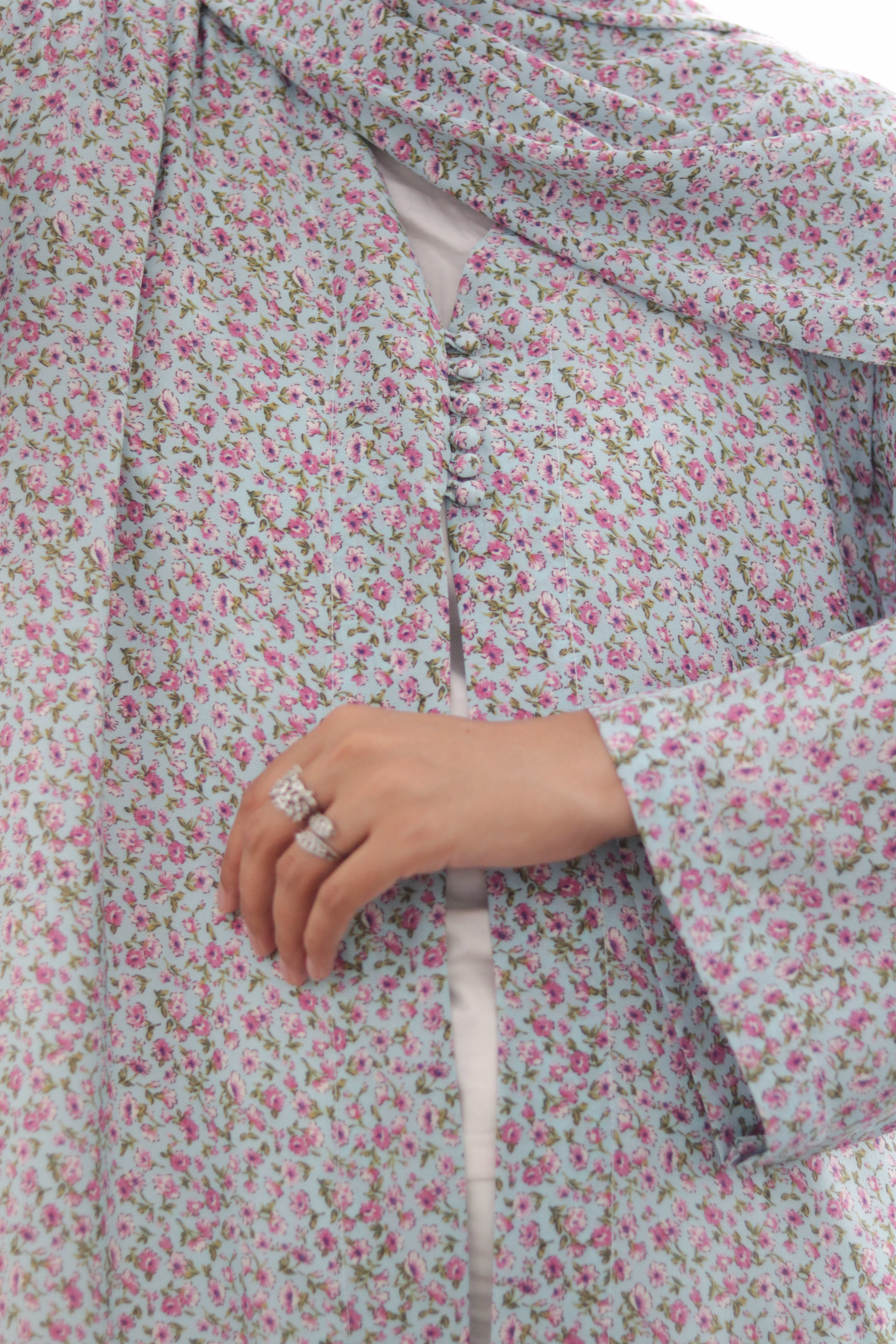 Turquoise Floral Kimono Abaya - Image 5