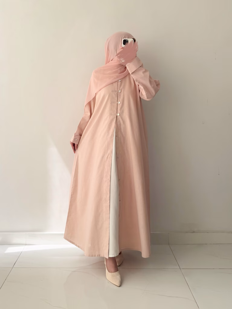 Soft Clay Button-Line Abaya, full-length view.